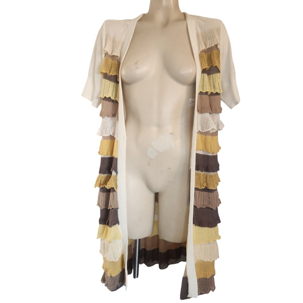 Nic + Zoe Womens Tiered Ruffle Cotton Knit Duster Cardigan Brown Yellow Large
